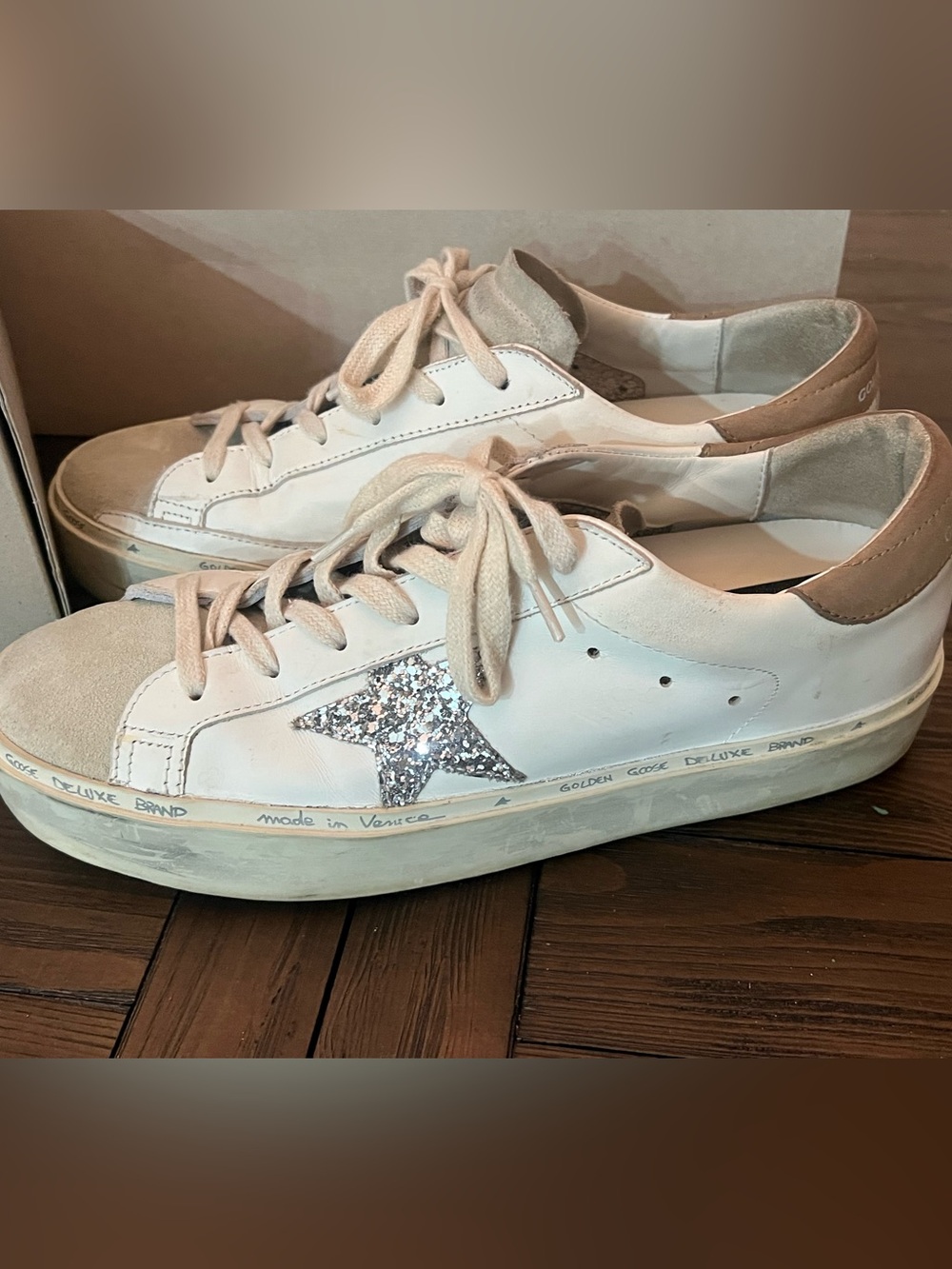 Golden Goose White Leather Sneakers with Silver Glitter Star Accent